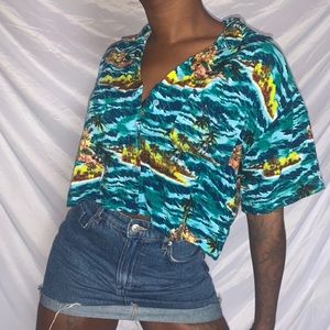 Blue waves tropical flowers crop top shirt